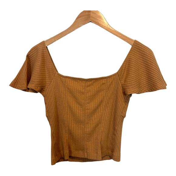 Free People Ribbed Knot Front Henley Flutter Sleeve Jersey Knit Crop Top M - Picture 2 of 6